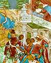 Смерть сына сонамитянки во время жатвы. Фреска  церкви Ильи Пророка